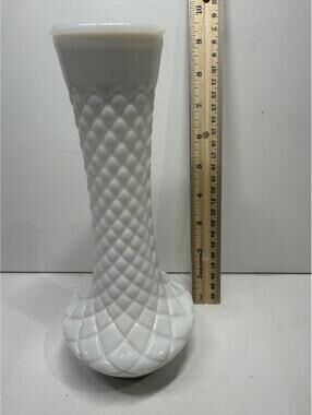 Vintage White Milk Glass Diamond Point Bud Vase 9" E.O. Brody Style